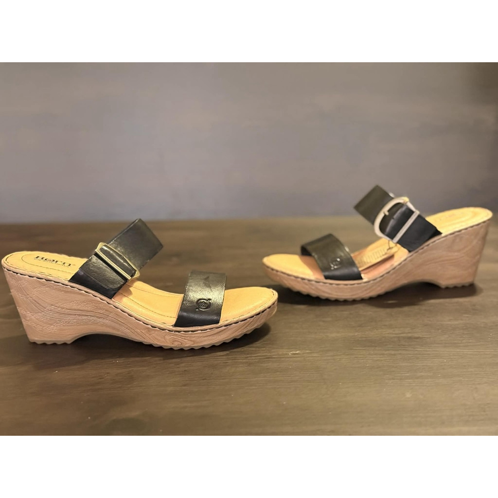 Born Women's Emily LEATHER Buckle Straps Wedge Mule Sandals 10 M BLACK - Picture 10 of 15